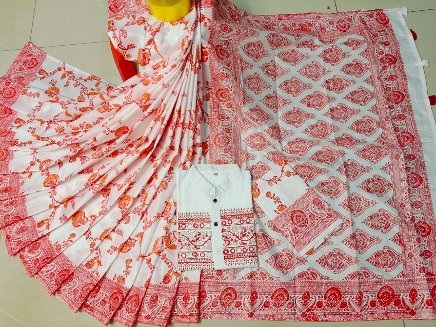 ✨ শাড়ি–পাঞ্জাবি কাপল সেট উইথ ব্লাউজ পিস ✨